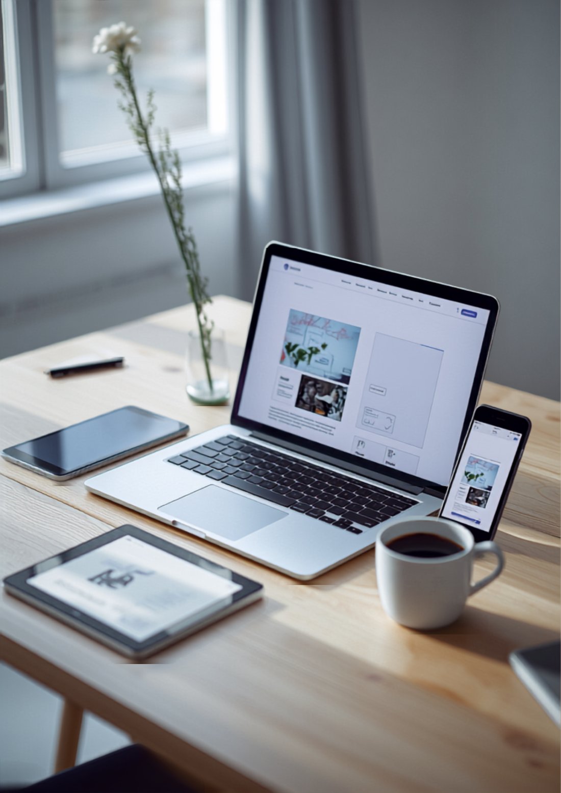 WebcreatorPM-nettsiden vist på en laptop, et nettbrett og en mobil som ligger på et skrivebord
